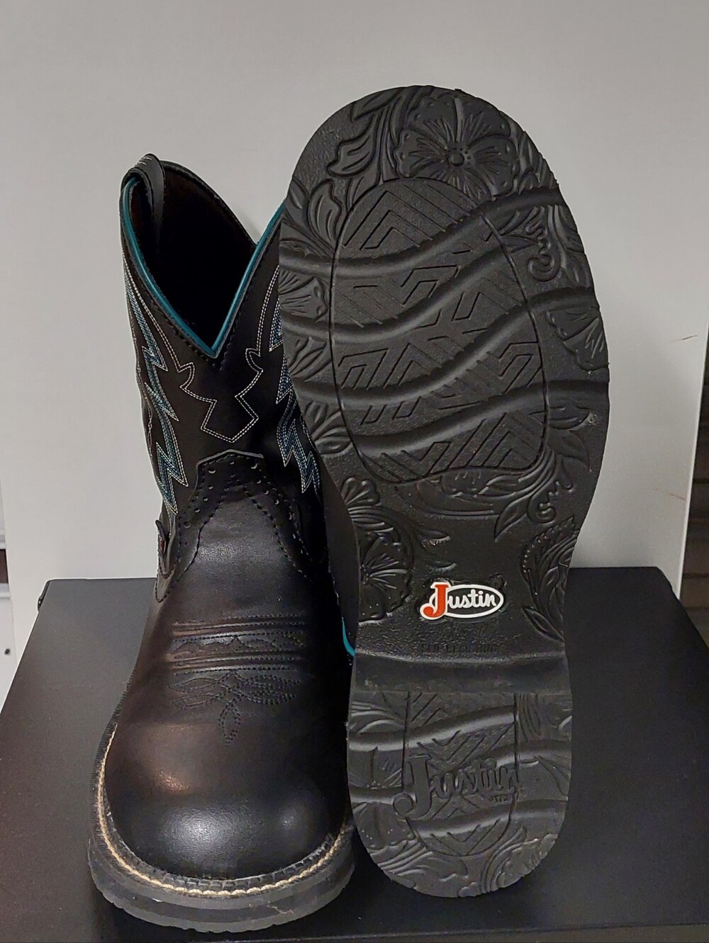 Justin Boots Black Leather Work Cowgirl Boots with Teal Stitching - Picture 2 of 4